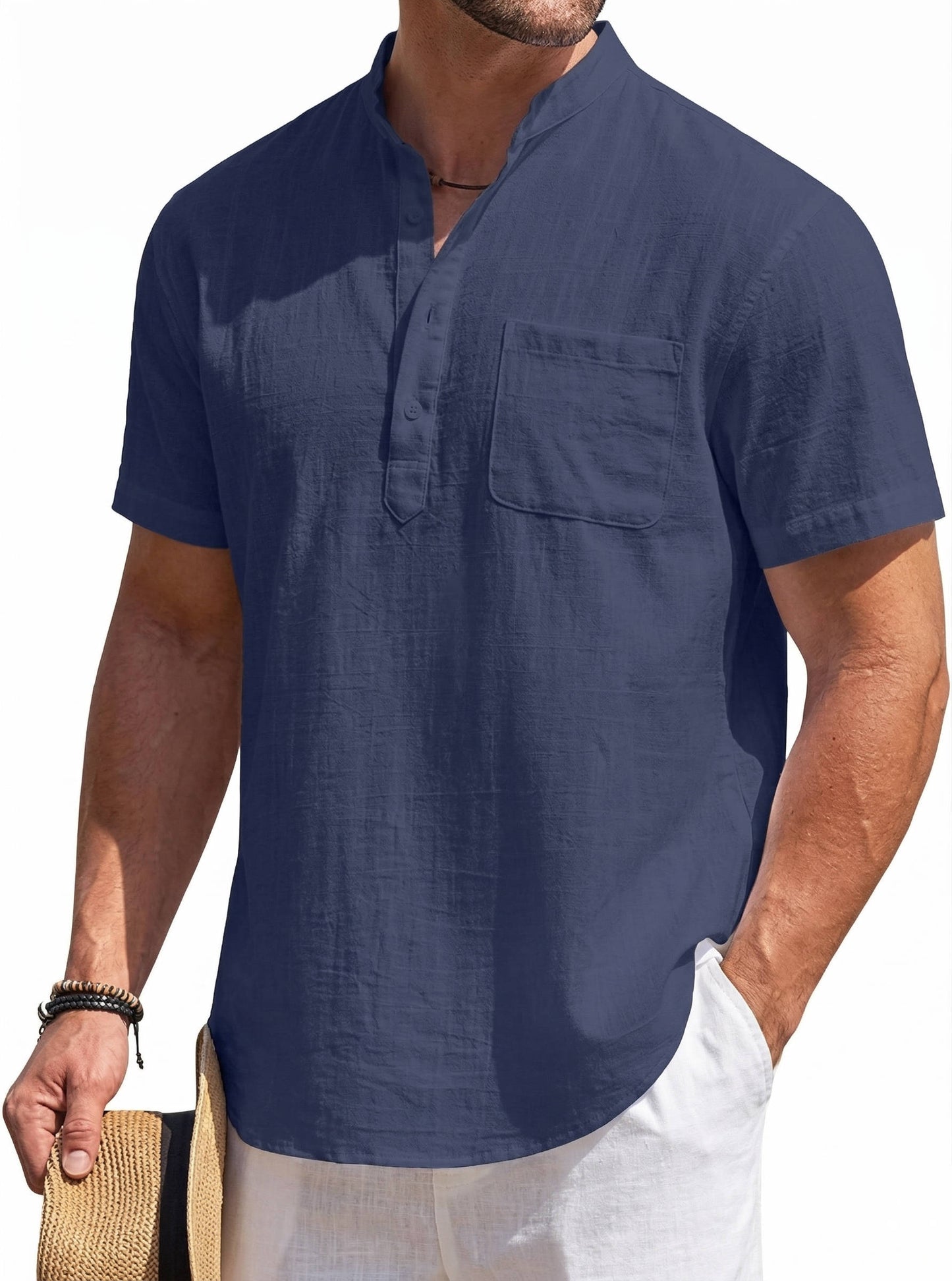 Casual Linen Shirt for Men | Short Sleeve Henley Pocket Relaxed Fit