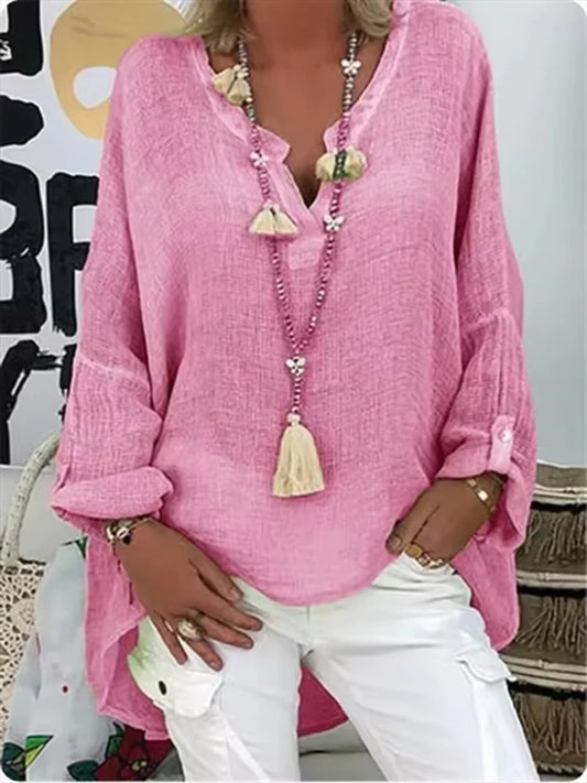 Boho Oversized Blouse for Women | Relaxed V Neck Long Sleeve Fit