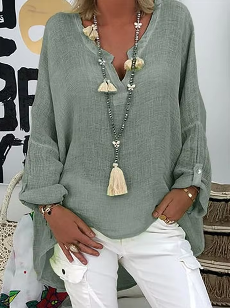 Boho Oversized Blouse for Women | Relaxed V Neck Long Sleeve Fit