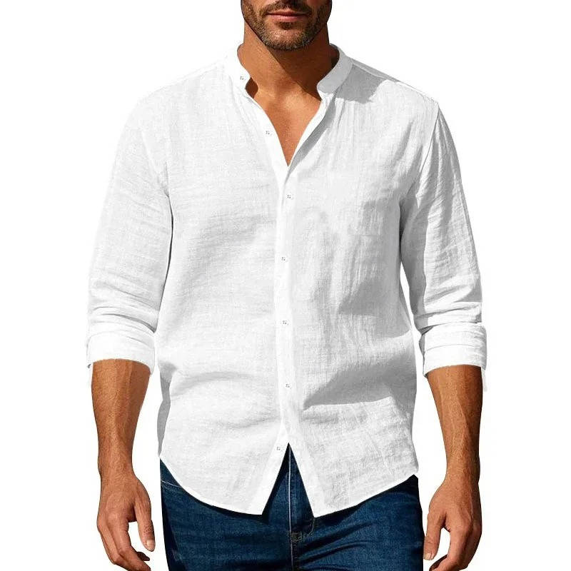 Casual Linen Shirt for Men | Long Sleeve Mandarin Collar Relaxed Fit