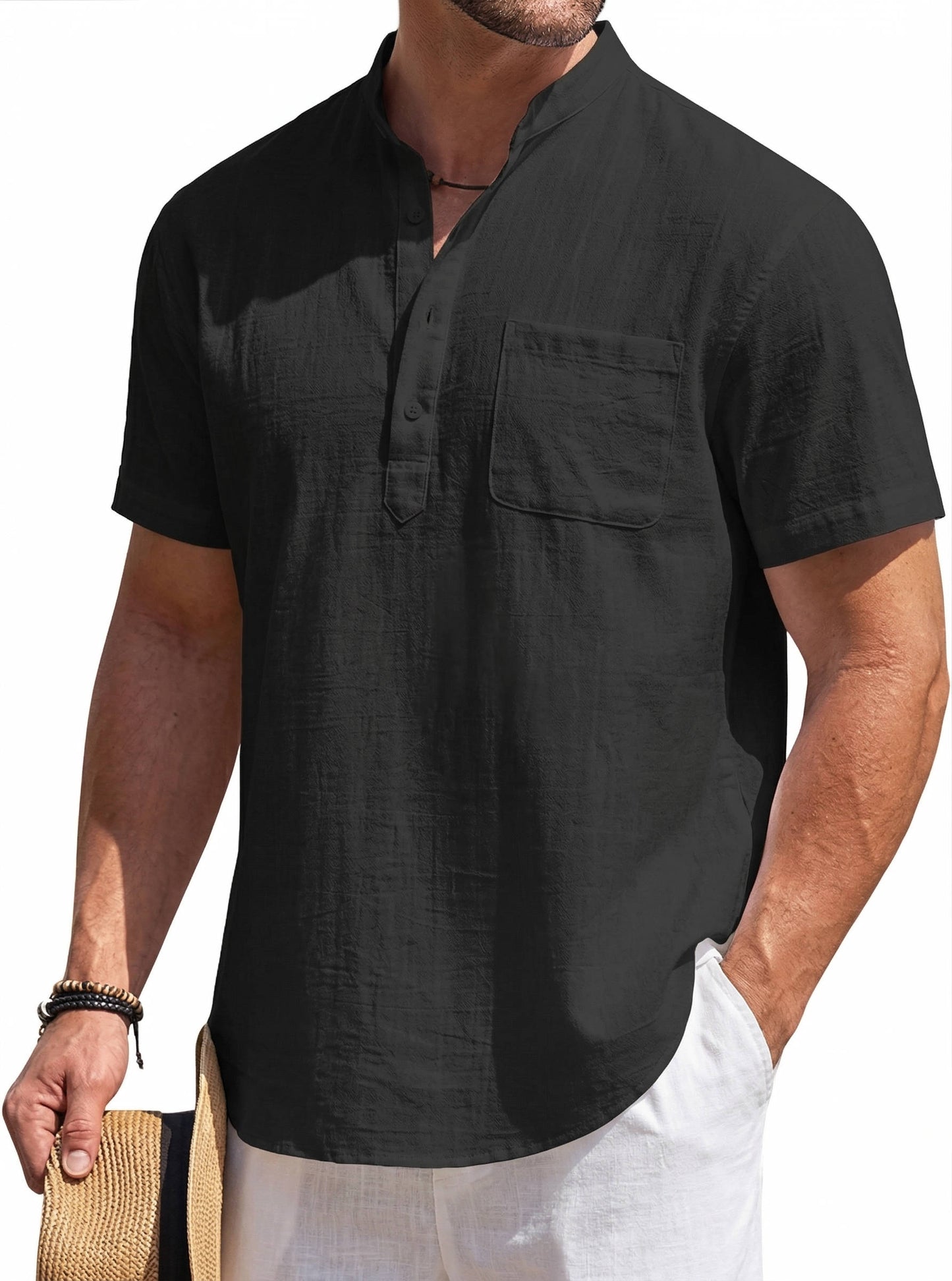 Casual Linen Shirt for Men | Short Sleeve Henley Pocket Relaxed Fit