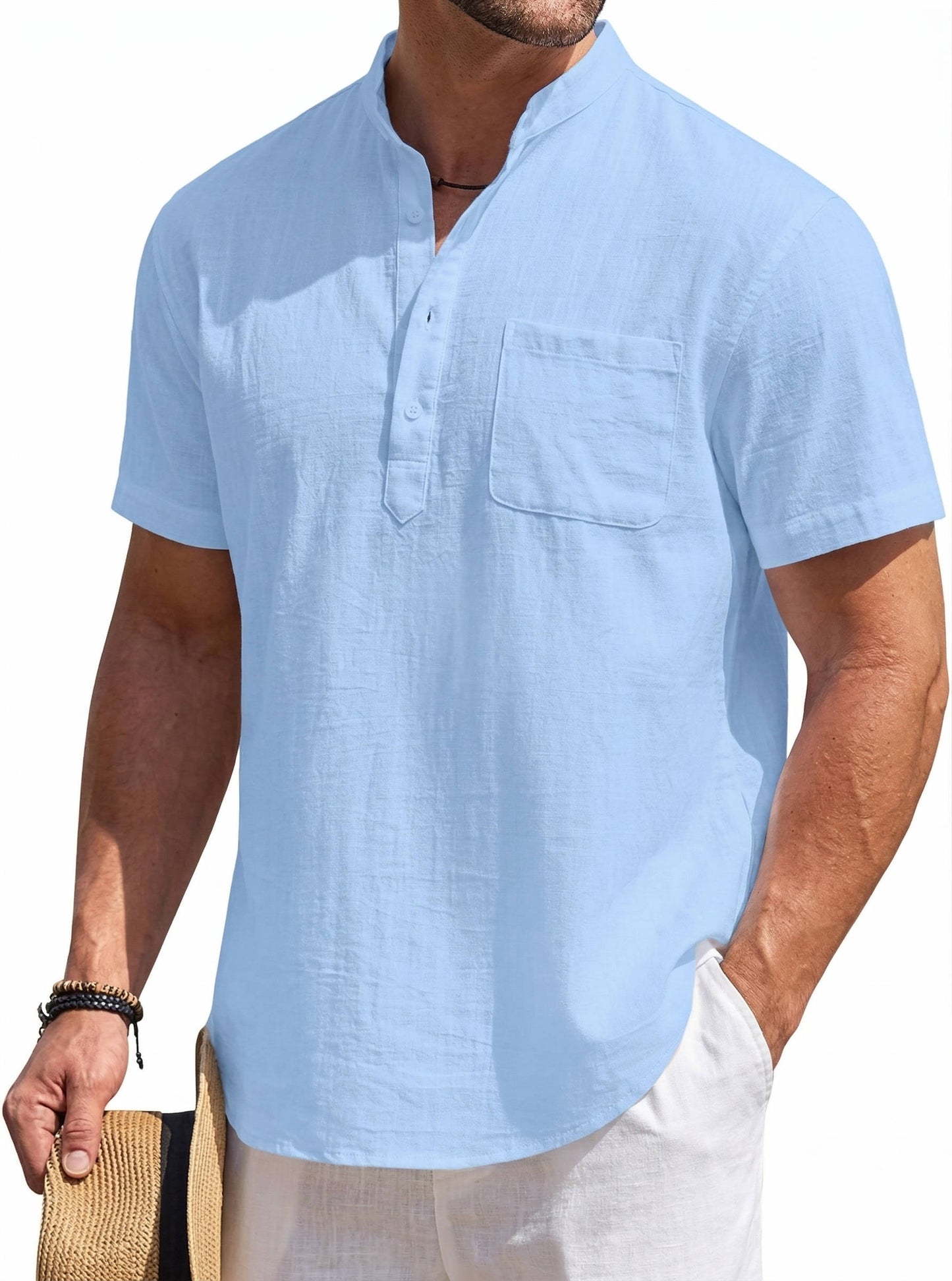 Casual Linen Shirt for Men | Short Sleeve Henley Pocket Relaxed Fit