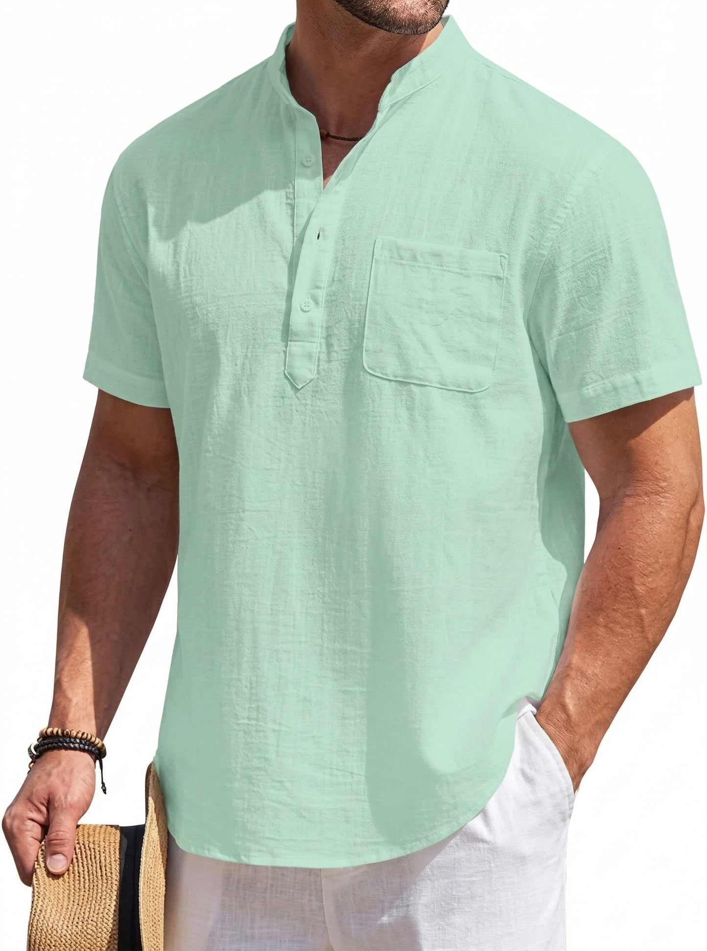 Casual Linen Shirt for Men | Short Sleeve Henley Pocket Relaxed Fit