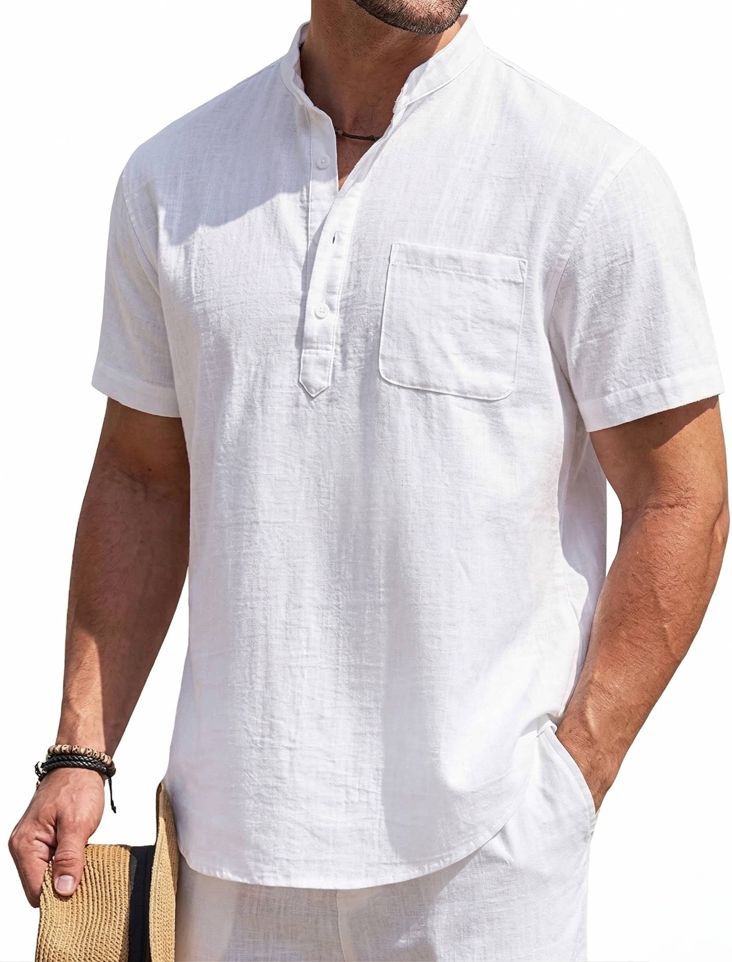 Casual Linen Shirt for Men | Short Sleeve Henley Pocket Relaxed Fit