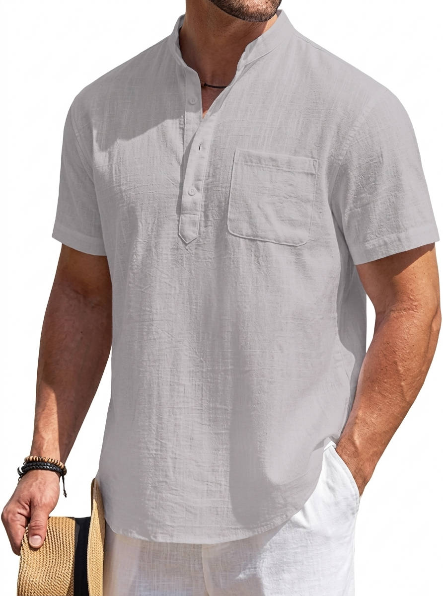 Casual Linen Shirt for Men | Short Sleeve Henley Pocket Relaxed Fit