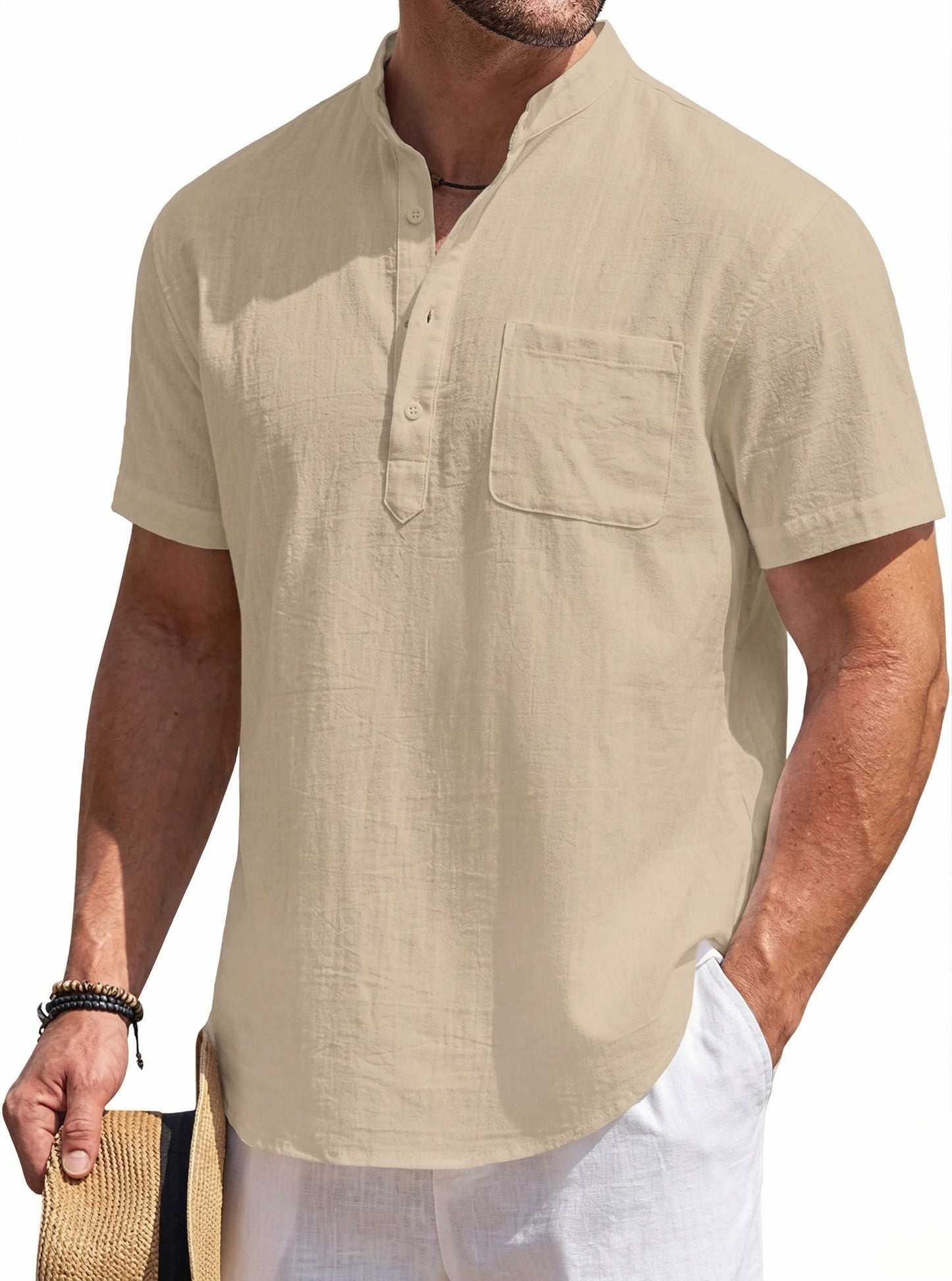 Casual Linen Shirt for Men | Short Sleeve Henley Pocket Relaxed Fit