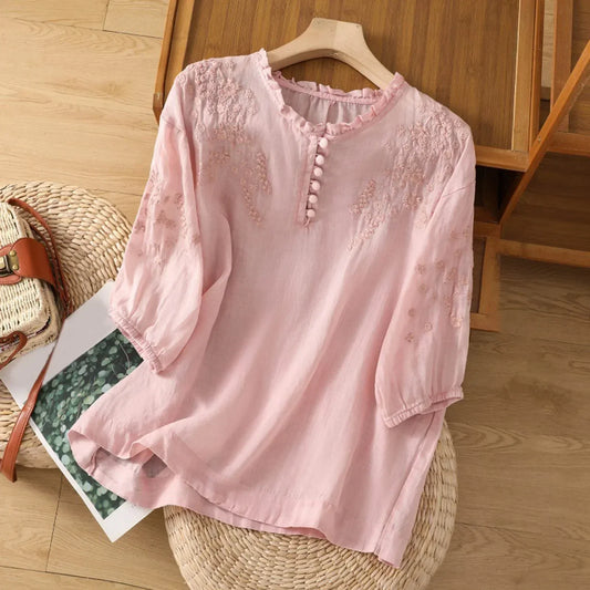 Boho Embroidered Blouse for Women | Relaxed Button Detail Fit