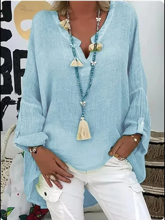 Boho Oversized Blouse for Women | Relaxed V Neck Long Sleeve Fit