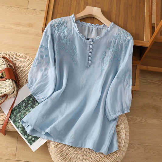 Boho Embroidered Blouse for Women | Relaxed Button Detail Fit