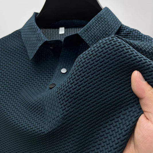 Refined Knitted Polo for Men | Comfortable Textured Button-Up Design