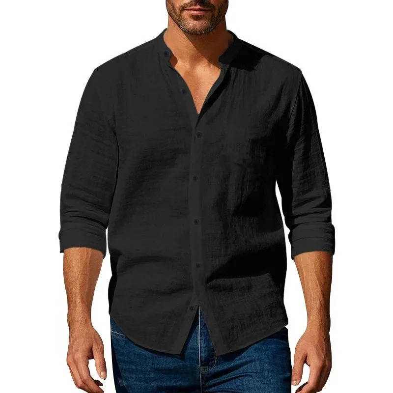 Casual Linen Shirt for Men | Long Sleeve Mandarin Collar Relaxed Fit