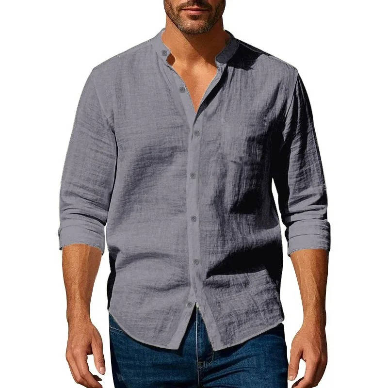 Casual Linen Shirt for Men | Long Sleeve Mandarin Collar Relaxed Fit