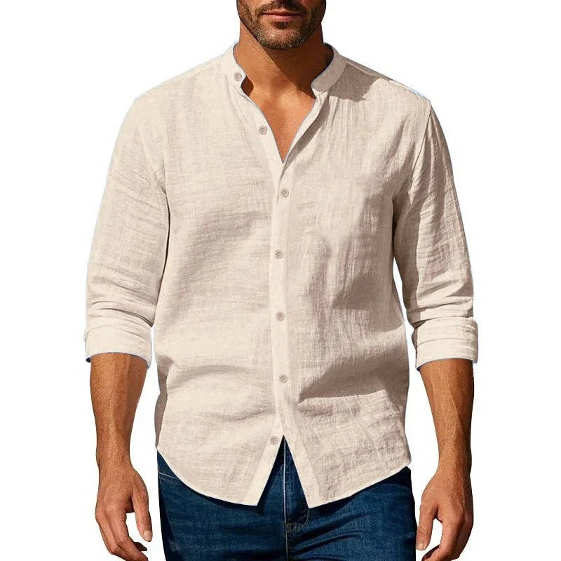 Casual Linen Shirt for Men | Long Sleeve Mandarin Collar Relaxed Fit