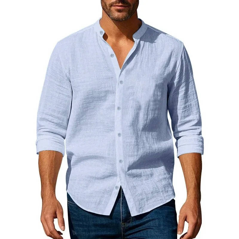 Casual Linen Shirt for Men | Long Sleeve Mandarin Collar Relaxed Fit