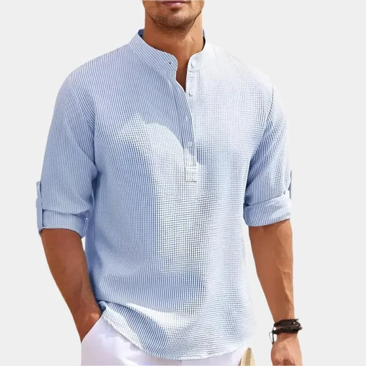 Minimalist Linen Shirt for Men | Long Sleeve Mandarin Collar Relaxed Fit