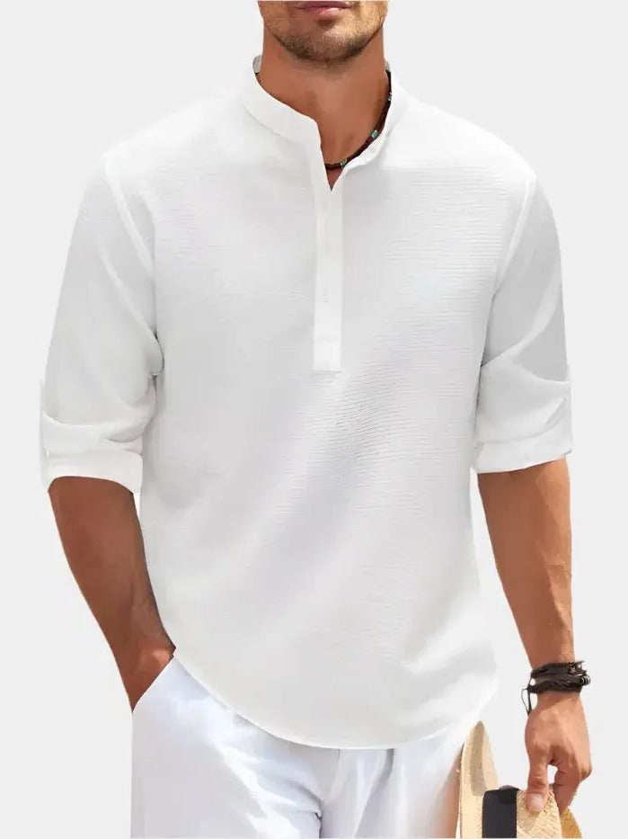 Minimalist Linen Shirt for Men | Long Sleeve Mandarin Collar Relaxed Fit