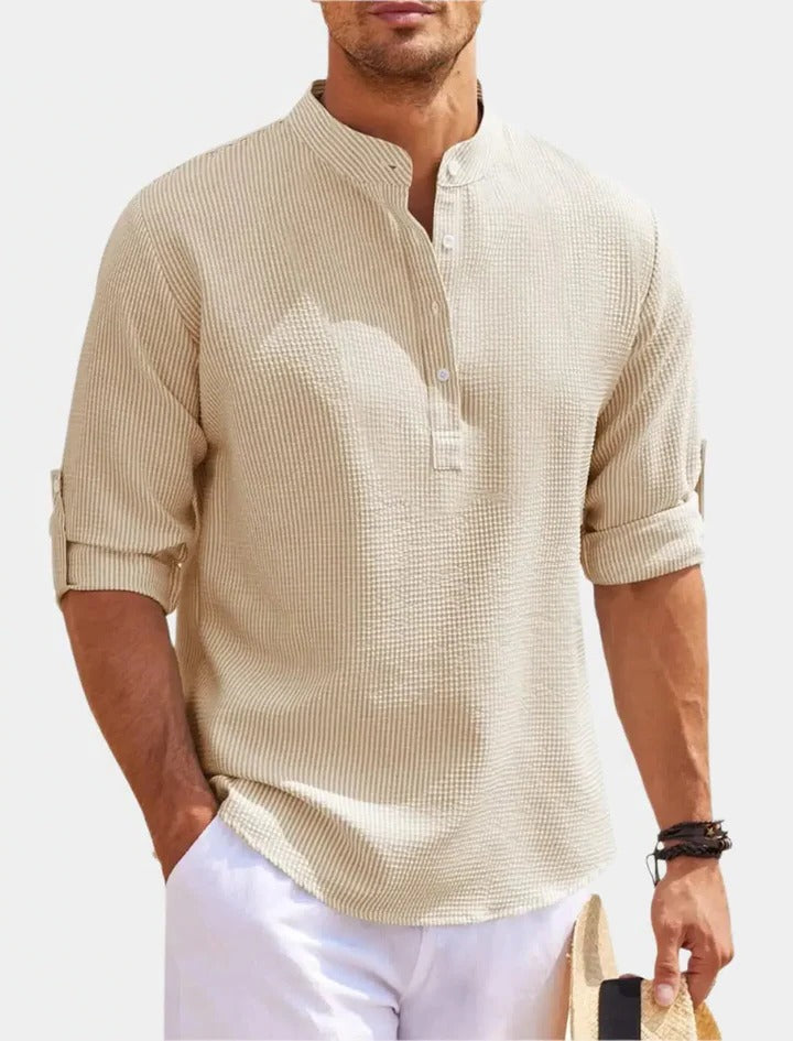 Minimalist Linen Shirt for Men | Long Sleeve Mandarin Collar Relaxed Fit