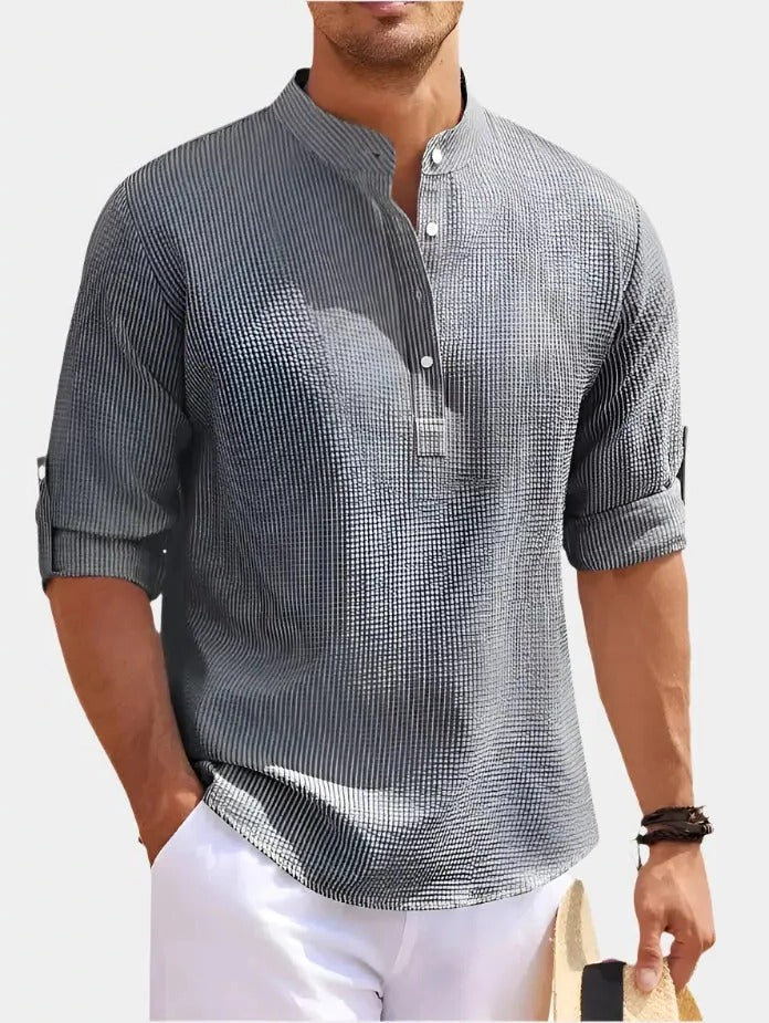 Minimalist Linen Shirt for Men | Long Sleeve Mandarin Collar Relaxed Fit