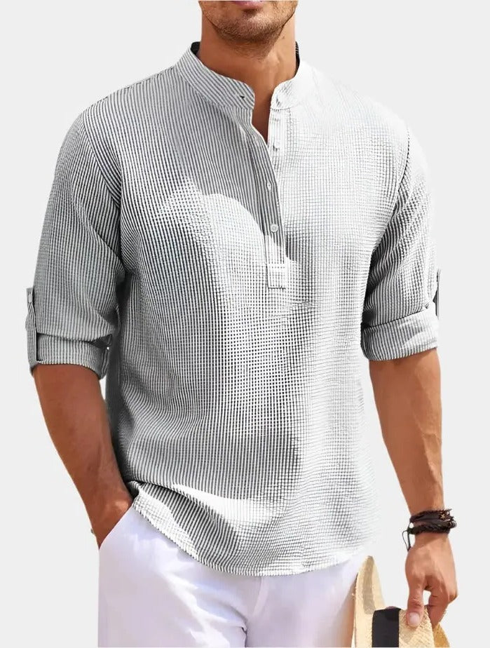 Minimalist Linen Shirt for Men | Long Sleeve Mandarin Collar Relaxed Fit