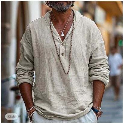 Casual Linen Shirt for Men | Long Sleeve Henley Button Relaxed Fit