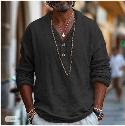 Casual Linen Shirt for Men | Long Sleeve Henley Button Relaxed Fit