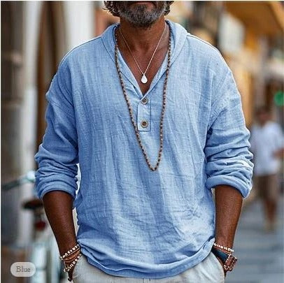 Casual Linen Shirt for Men | Long Sleeve Henley Button Relaxed Fit