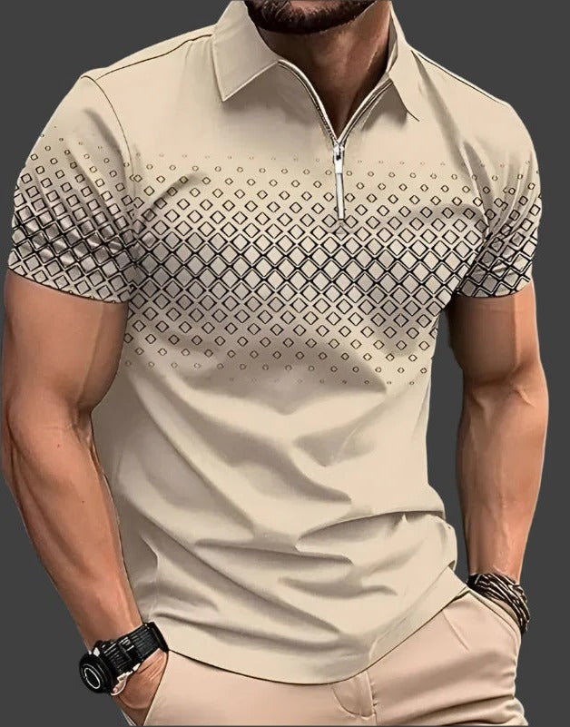 Modern Polo Shirt for Men | Short Sleeve Zip Collar Geometric Design
