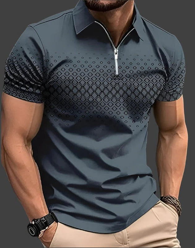 Modern Polo Shirt for Men | Short Sleeve Zip Collar Geometric Design