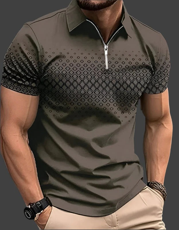Modern Polo Shirt for Men | Short Sleeve Zip Collar Geometric Design