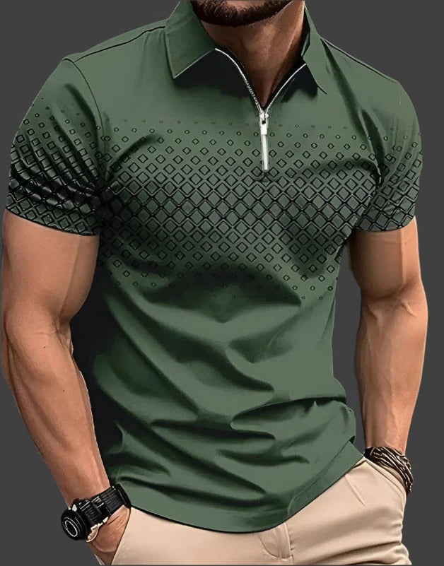 Modern Polo Shirt for Men | Short Sleeve Zip Collar Geometric Design