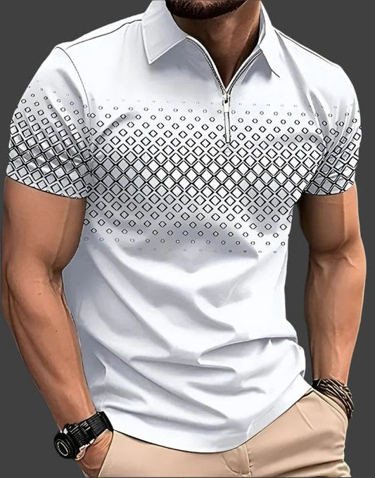 Modern Polo Shirt for Men | Short Sleeve Zip Collar Geometric Design