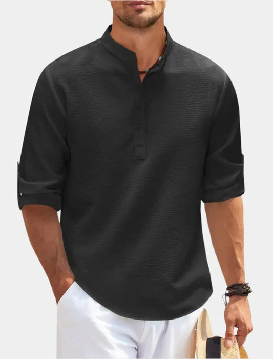Minimalist Linen Shirt for Men | Long Sleeve Mandarin Collar Relaxed Fit